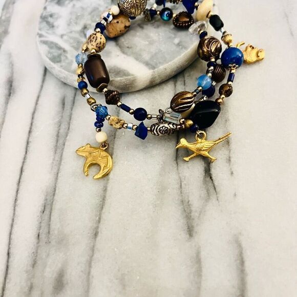 Double Wrap Gemstone Bracelet | Blue Beaded Gold Dangle Charms | Native American - Picture 4 of 6